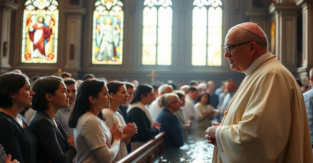 A reverent Catholic baptismal scene in a traditional French church, highlighting the supernatural mystery of regeneration amid theological crisis.