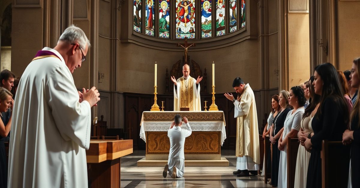 A traditional Catholic baptism ceremony in a historic Parisian church, capturing the solemnity and spiritual gravity of the sacrament.