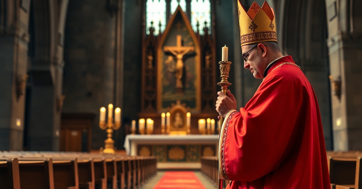 Traditional Catholic bishop in red vestments kneeling in prayer at a rood screen during the Tridentine Mass