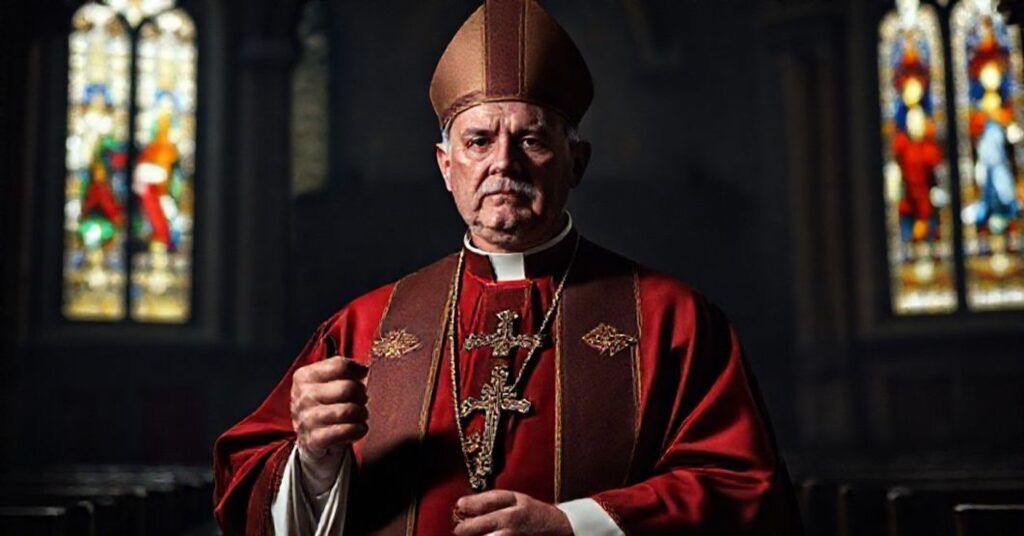A reverent portrait of a traditional Catholic bishop holding a crucifix in a dimly lit cathedral, symbolizing fidelity to the true Church and sorrow for betrayal.