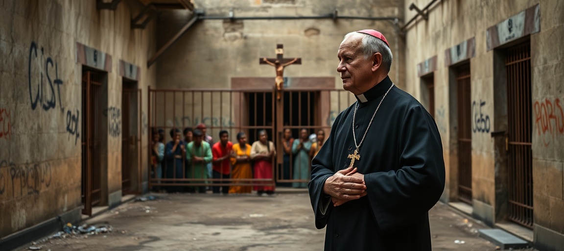 Traditional Catholic bishop visiting prisoners in a Cameroon prison, highlighting the failure of neo-church humanitarianism over spiritual mercy