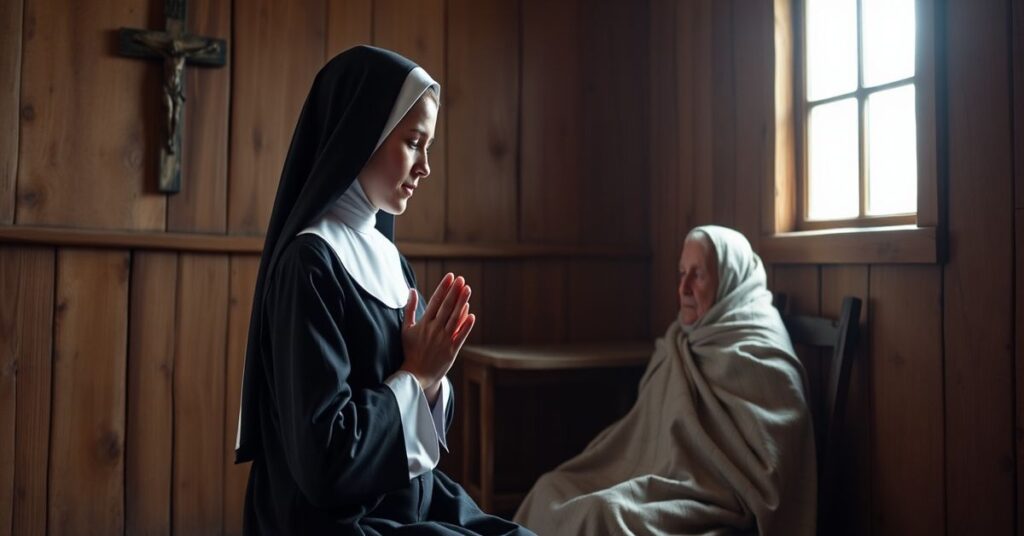 A traditional Catholic nun in a simple habit kneels in prayer beside a leprosy-afflicted patient in a modest room with a cross on the wall.