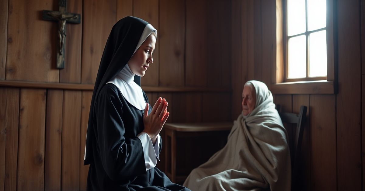 A traditional Catholic nun in a simple habit kneels in prayer beside a leprosy-afflicted patient in a modest room with a cross on the wall.