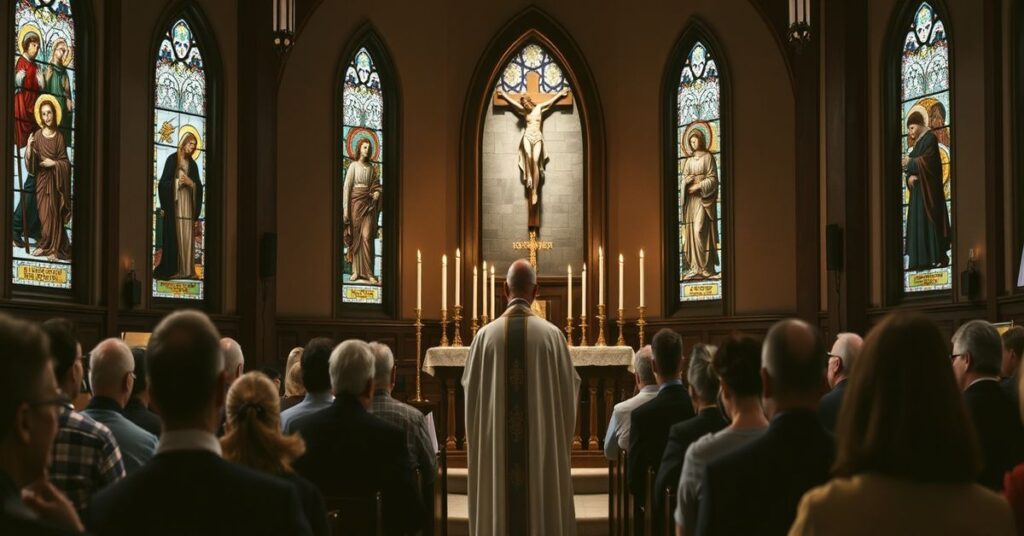 A reverent Catholic church interior with a priest preaching to a faithful congregation, emphasizing the hierarchical structure and supernatural mission of the Church.