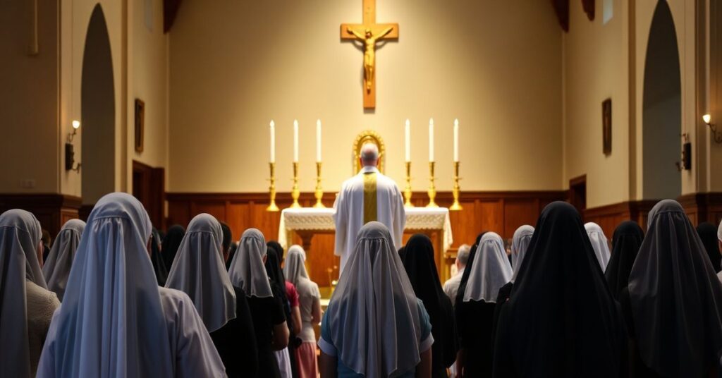 A sedevacantist priest celebrating Mass in a traditional Catholic church while devout women kneel in prayer.