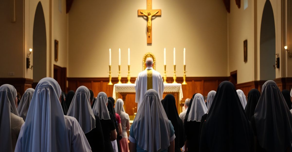 A sedevacantist priest celebrating Mass in a traditional Catholic church while devout women kneel in prayer.