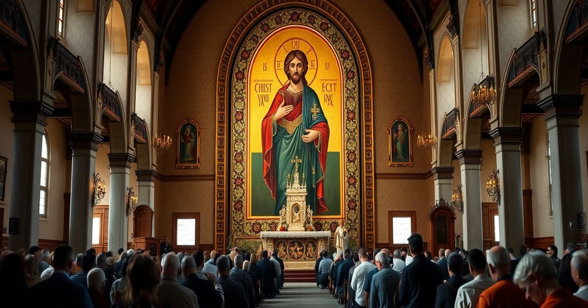 A traditional Catholic church interior with a massive Orthodox icon on the altar, surrounded by a reverent congregation.