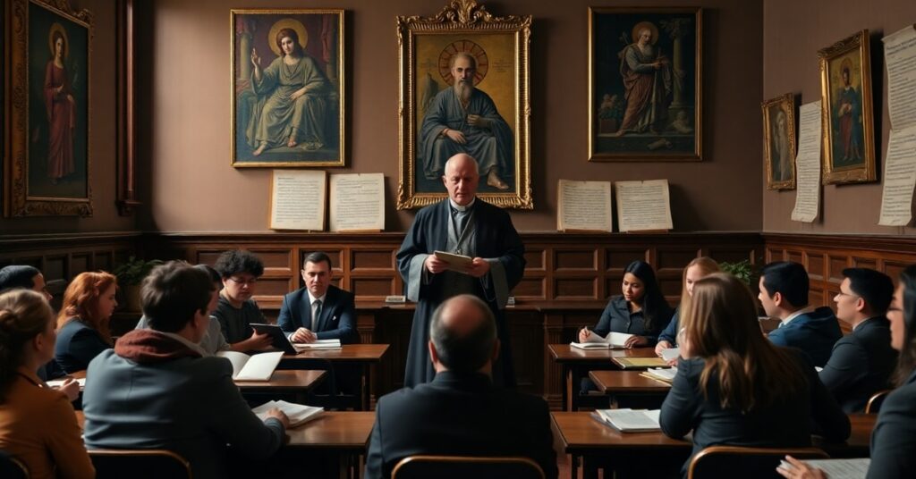 Traditional Catholic university classroom with a cleric lecturing students amid historic religious artwork and scholastic texts.