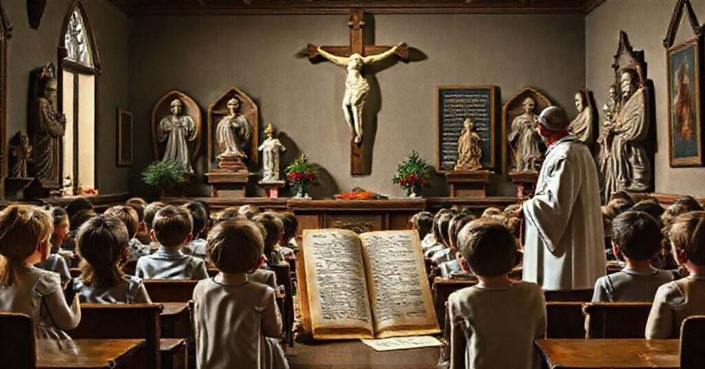 Traditional Catholic classroom with children praying before a crucifix and statues of saints, contrasting with modernist school voucher pamphlets.