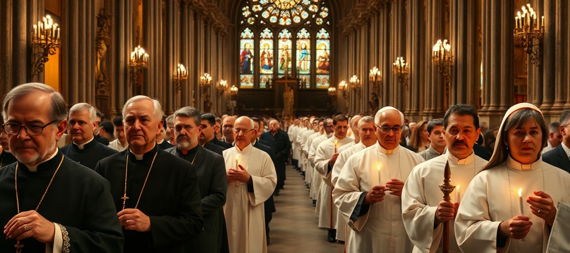 A solemn gathering of traditional Catholic clergy in a majestic cathedral, reflecting the true teaching on the sacredness of law and order.