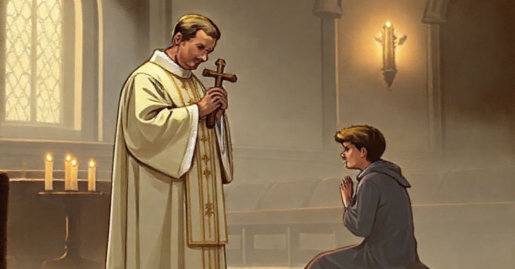 A traditional Catholic priest hearing Confession in a candlelit church with a penitent kneeling in prayer.