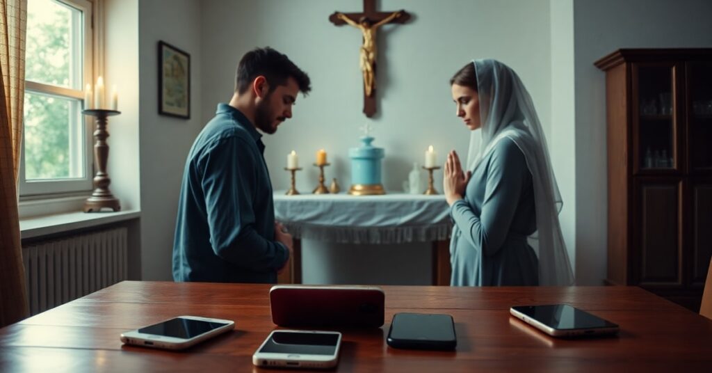 A young Catholic couple praying at a home altar with crucifix and holy water font, contrasting with unused smartphones on a table.