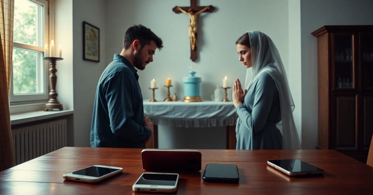 A young Catholic couple praying at a home altar with crucifix and holy water font, contrasting with unused smartphones on a table.