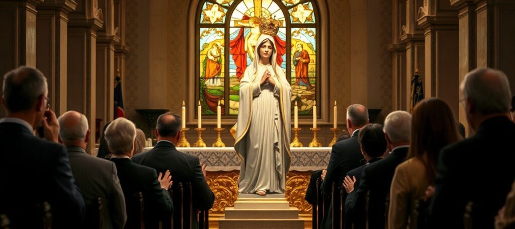 Statue of the Blessed Virgin Mary as Mother of God in a traditional Catholic church setting with devotees praying.