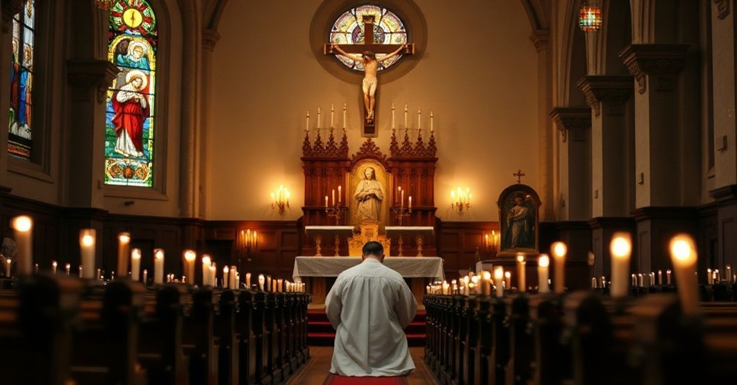 A priest kneeling in prayer in a traditional Catholic church, emphasizing reverence and devotion to sacramental life.
