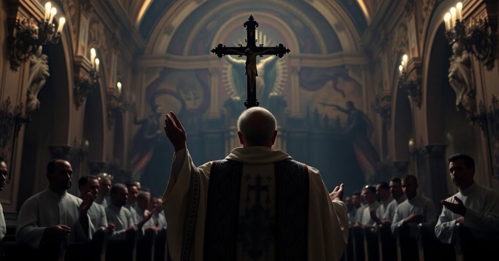 A traditional Catholic priest performing an exorcism in a solemn Latin Mass rite, symbolizing the spiritual combat against apostasy and demonic influence.
