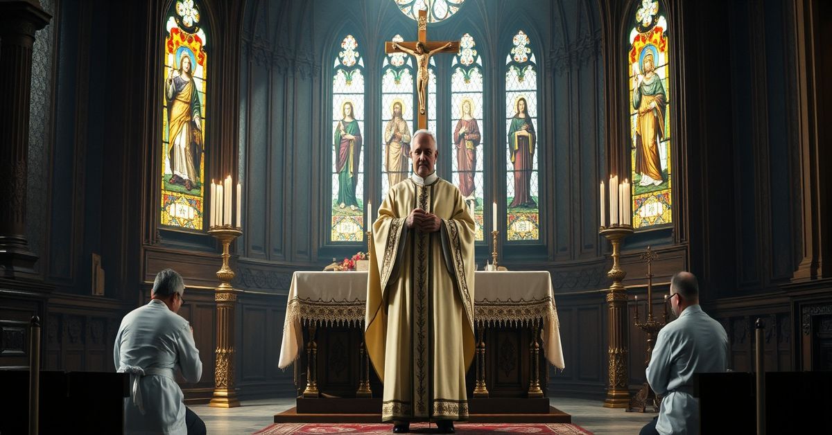 Traditional Catholic bishop in liturgical vestments at an ancient altar with kneeling faithful, emphasizing supernatural faith over modernist humanism.