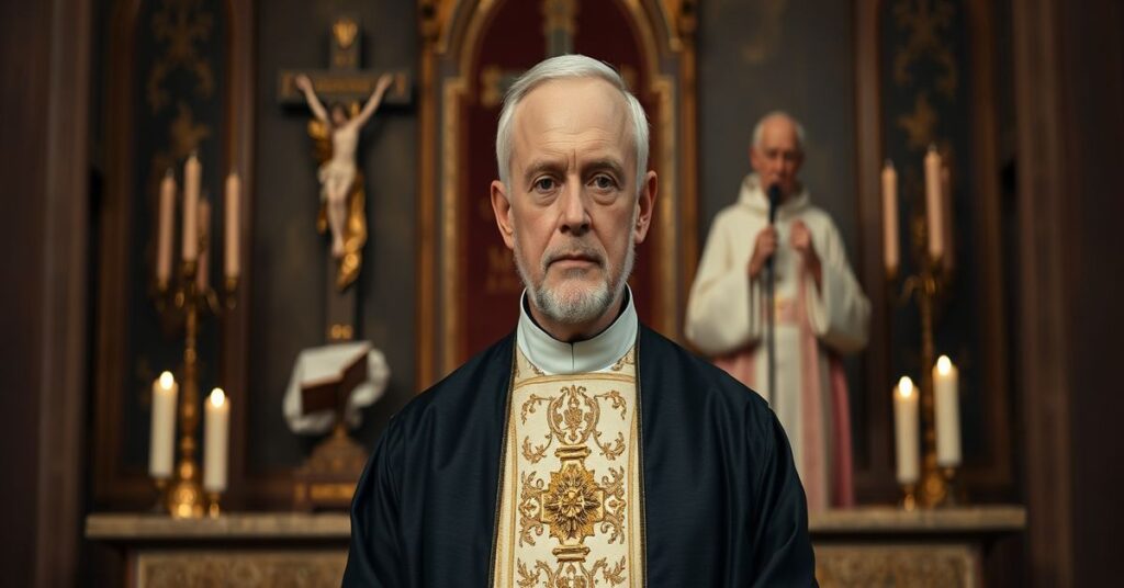 Traditional Catholic priest in liturgical vestments before an antique altar with crucifix and candles, contrasting with antipope Leo XIV's speech on organ donation.