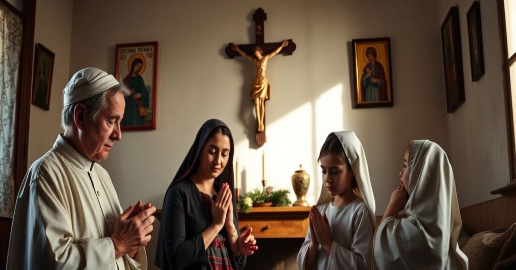A traditional Catholic family praying together in a modest home, symbolizing faithfulness to the true Church amid Modernist apostasy.