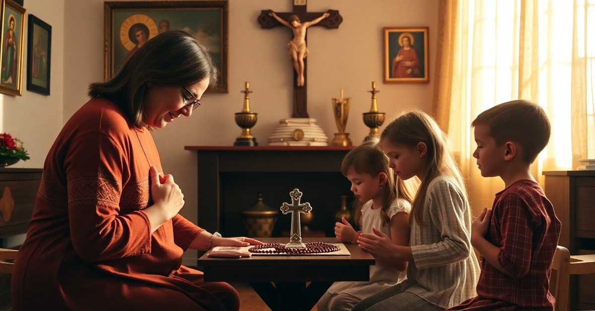 A traditional Catholic family kneeling in prayer before a domestic altar with a crucifix and rosary, emphasizing the importance of sacraments and divine grace in family life.