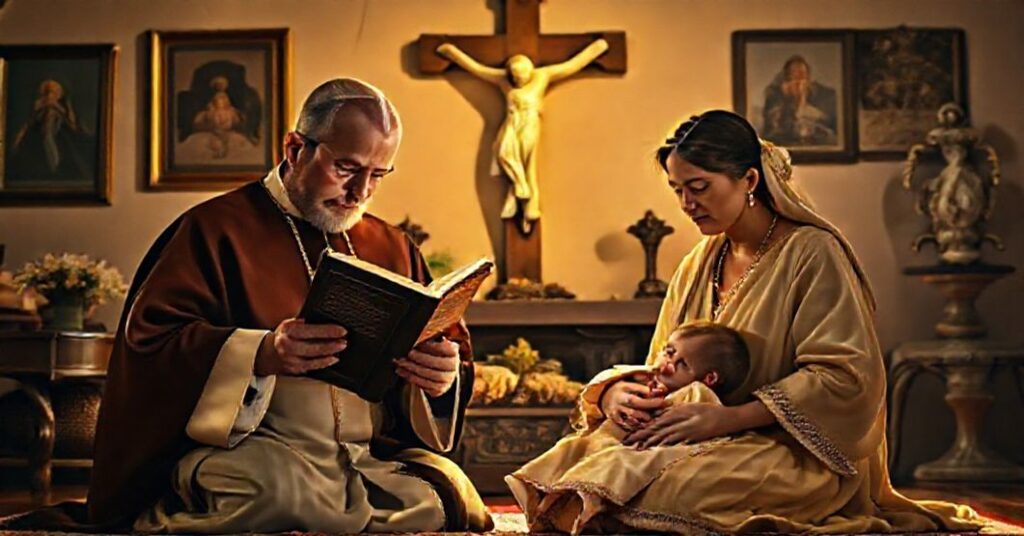 Traditional Catholic family praying before a crucifix, symbolizing the true teachings of parenthood and the supernatural order.