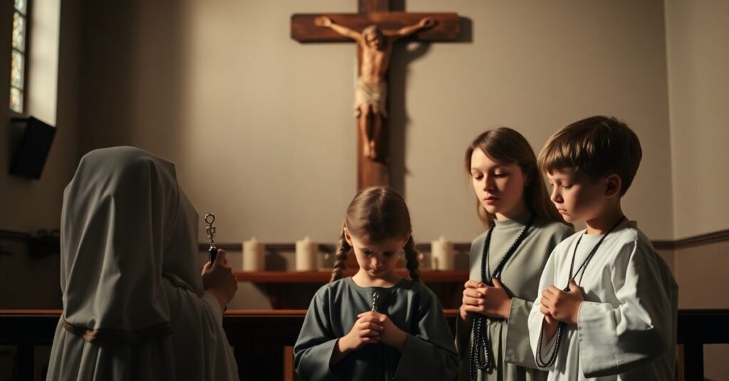 Traditional Catholic family in prayer during summer, reflecting critique of conciliar naturalism and modernist spirituality
