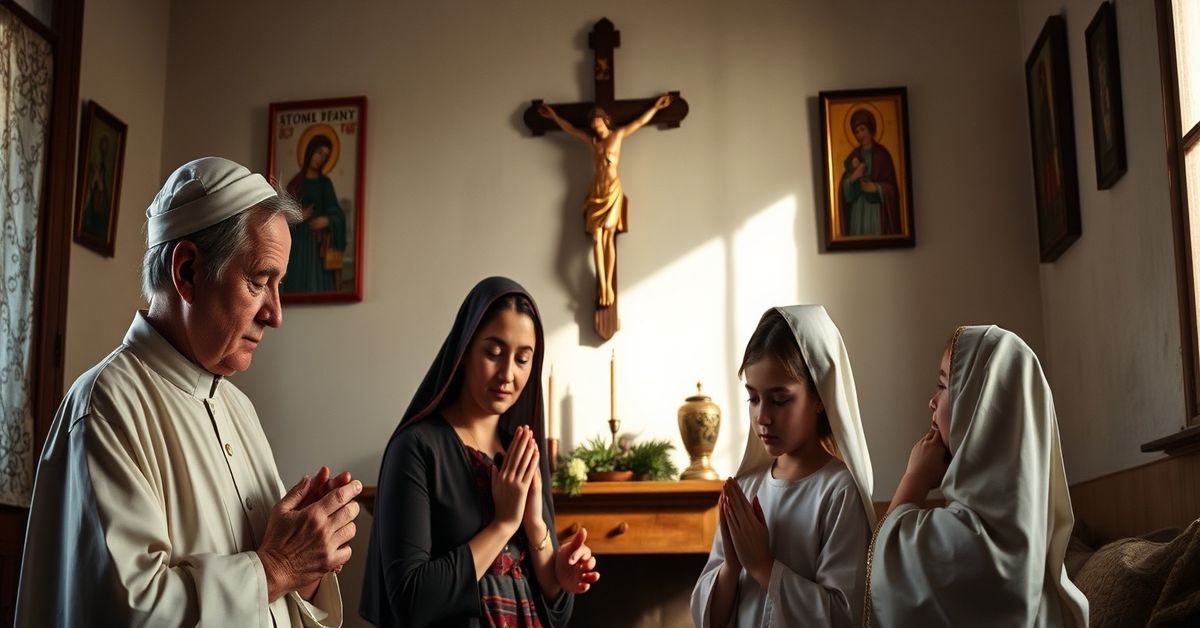 A traditional Catholic family praying together in a modest home, symbolizing faithfulness to the true Church amid Modernist apostasy.