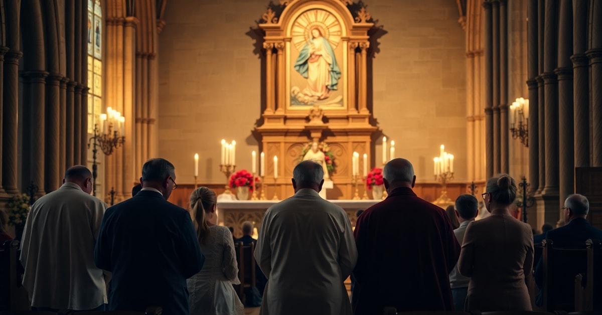 Traditional Catholic Family Praying Before the Two Hearts A traditional Catholic family praying before an altar with the Sacred Heart of Jesus and the Immaculate Heart of Mary in a timeless church setting.