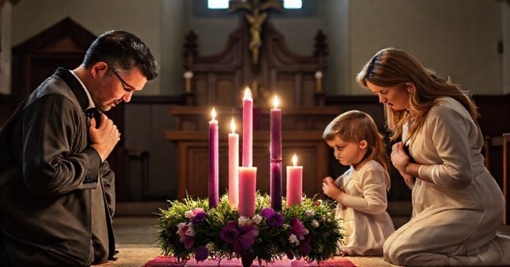 A Catholic family kneels in prayer before an Advent wreath in a solemn church setting.