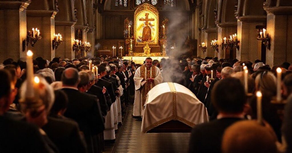 A traditional Catholic funeral procession in a church with lit candles and incense, emphasizing reverence and sacred burial rites.