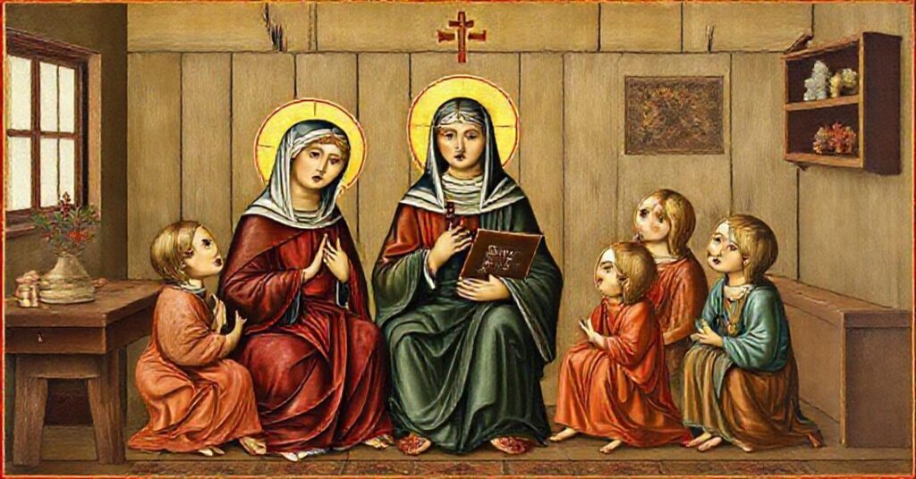 Traditional Catholic icon of St. Bridget, her husband Ulf Gudmarsson and their eight children in prayerful domestic setting