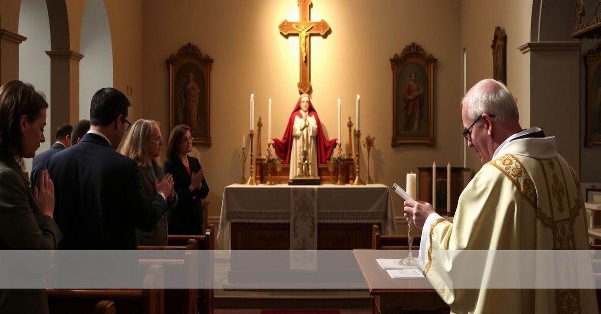 A traditional Catholic Mass in a small chapel with a priest in traditional vestments celebrating the Most Holy Sacrifice of the Mass.