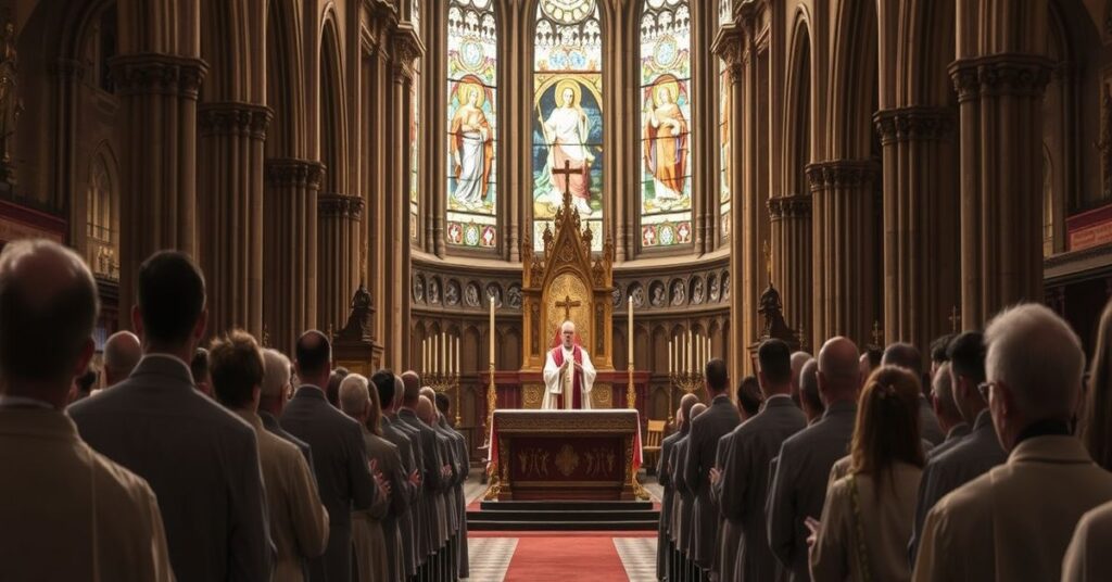Traditional Catholic Mass with priest celebrating Vetus Ordo in a grand church, emphasizing Christ the King's reign.