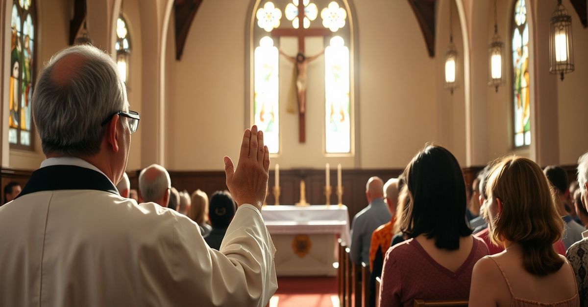 A traditional Catholic church interior with a priest celebrating Mass in Thai Sign Language for deaf worshippers.