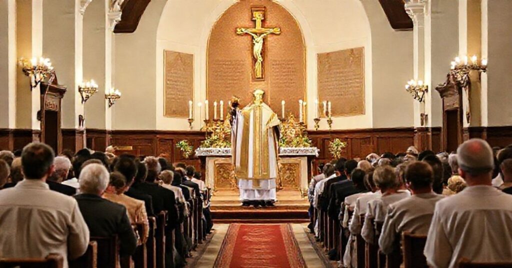 A traditional Catholic Mass in a parish church, highlighting the supernatural nature of the sacraments and the Church's true pastoral mission.