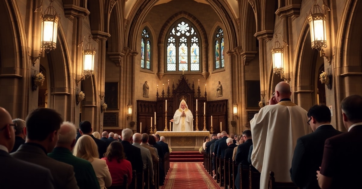 A traditional Catholic Mass in a Gothic church with a priest in a cassock celebrating the Holy Sacrifice, emphasizing the beauty and solemnity of the True Faith.