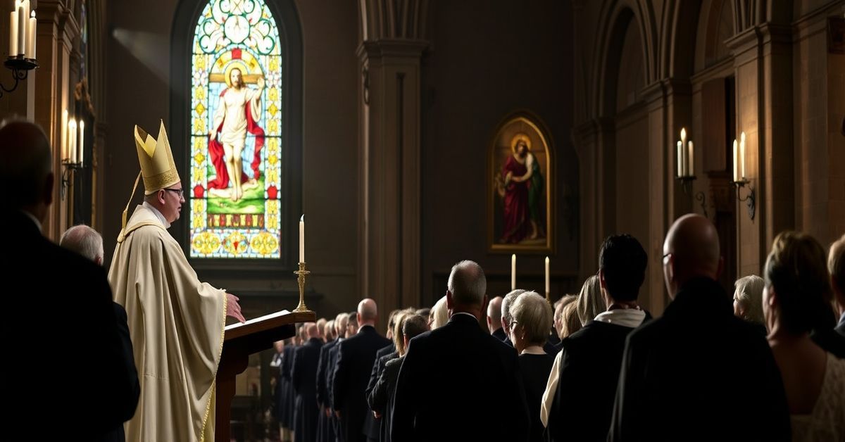 A solemn Catholic Mass in a historic church with a bishop in liturgical vestments at the altar.