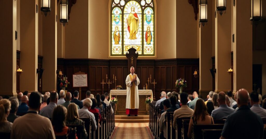 A traditional Catholic Mass in a solemn church interior with a priest in vestments and a congregation in prayer.