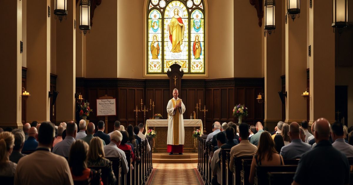 Traditional Catholic Mass in a Reverent Church Setting A traditional Catholic Mass in a solemn church interior with a priest in vestments and a congregation in prayer.