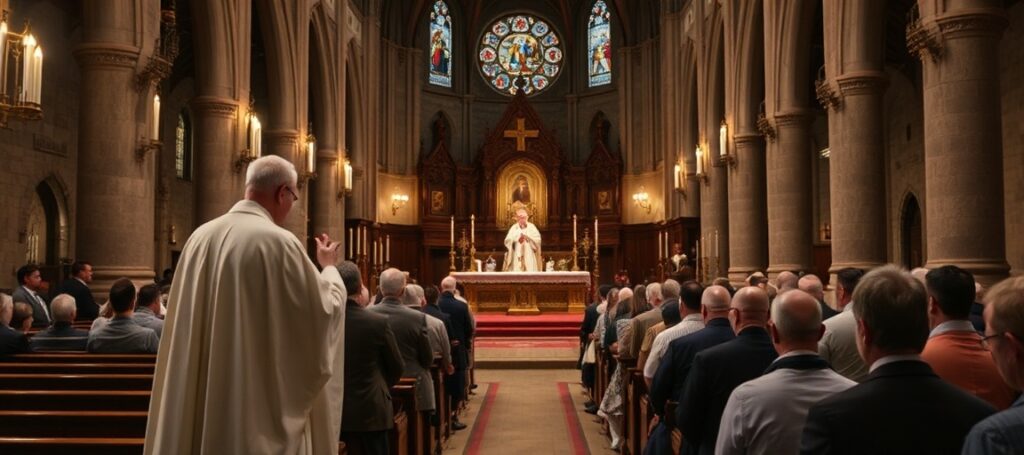 A traditional Catholic Mass at the Cathedral of St. Matthew the Apostle in Washington, D.C., featuring Cardinal Robert McElroy delivering a homily.