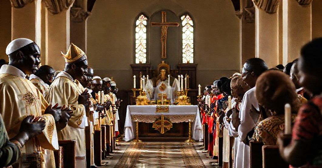 Solemn traditional Catholic Mass in Tanzania with clergy and mourners praying for divine intervention during political unrest.