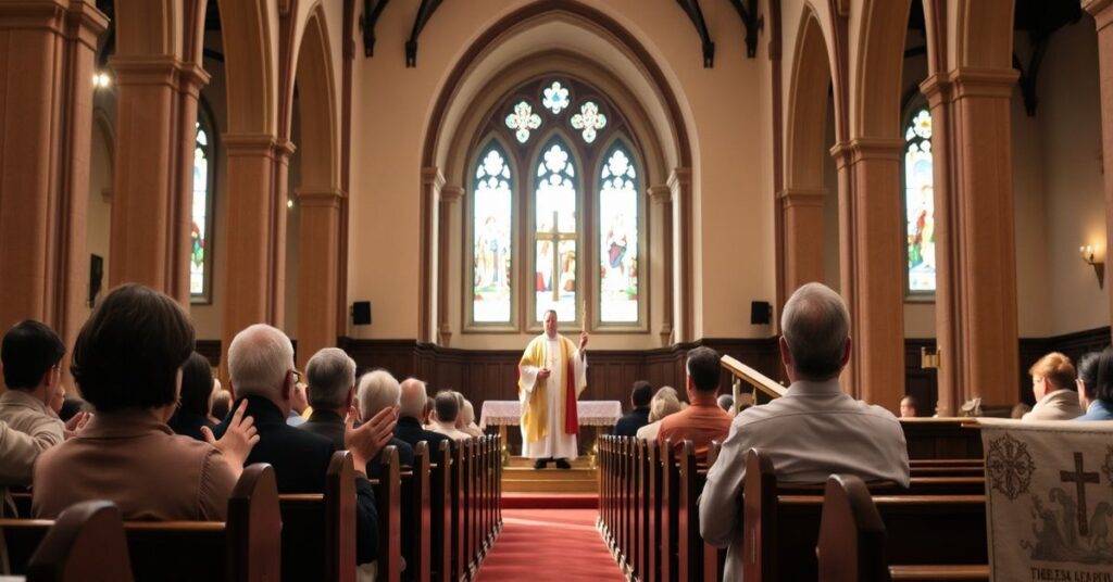 Traditional Catholic Latin Mass with a priest and deaf individuals using sign language, emphasizing the sacred nature of the liturgy and true sacramental integration.