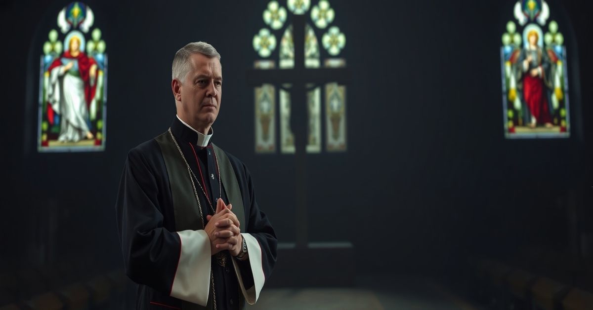 A traditional Catholic military chaplain in full liturgical vestments prays before a battlefield cross in a dimly lit chapel.