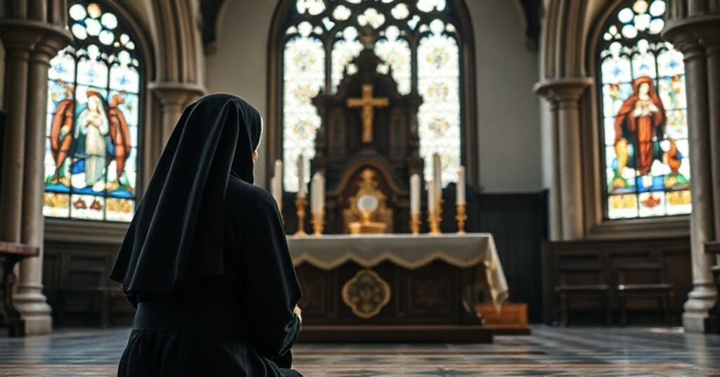A traditional Catholic nun in black habit kneeling in prayer before the Blessed Sacrament in a historic church interior.