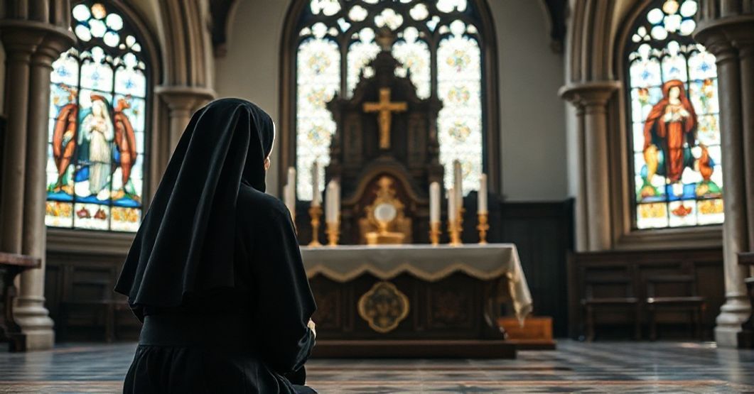 A traditional Catholic nun in black habit kneeling in prayer before the Blessed Sacrament in a historic church interior.