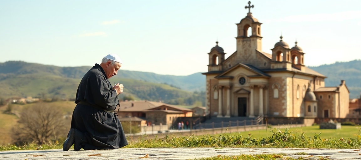 A traditional Catholic pilgrim kneeling in prayer before a historic shrine in a serene landscape.