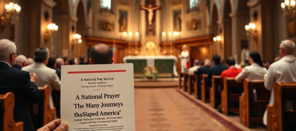 A traditional Catholic prayer service in a historic church with clergy and laity in reverence, contrasting with modernist liturgical innovations.