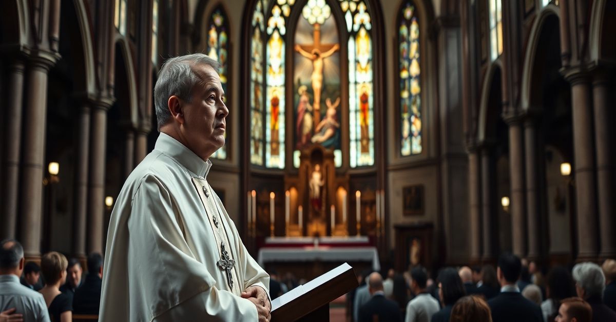 A priest in traditional cassock preaching from a pulpit in a solemn cathedral, emphasizing supernatural grace in preaching over naturalistic methods.
