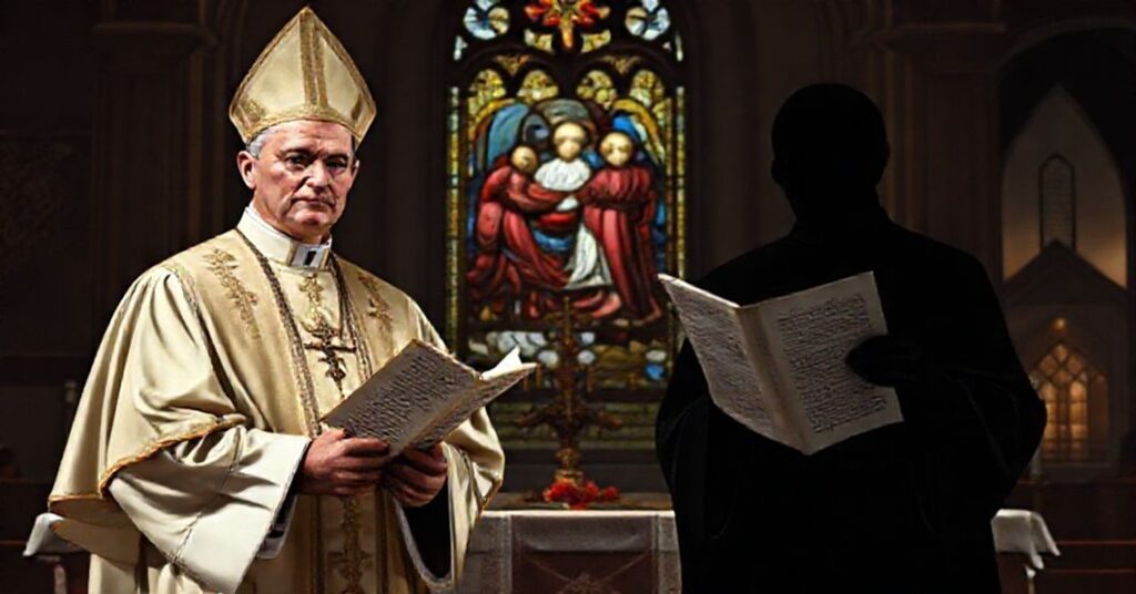 Traditional Catholic priest defending marriage against modernist doctrines in a conflicted church setting