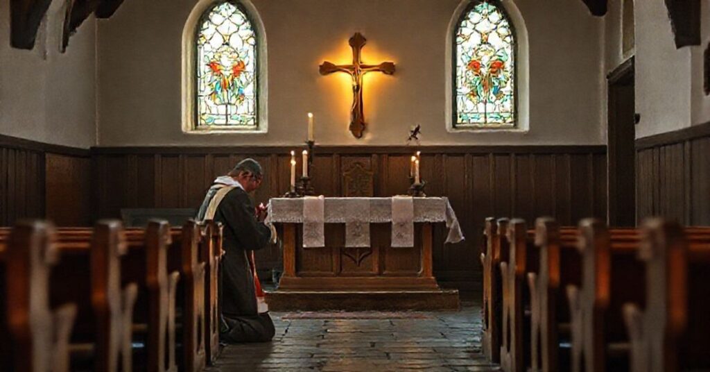 Traditional Catholic priest praying in a solemn church during Advent, emphasizing spiritual renewal and the supernatural focus of the season.